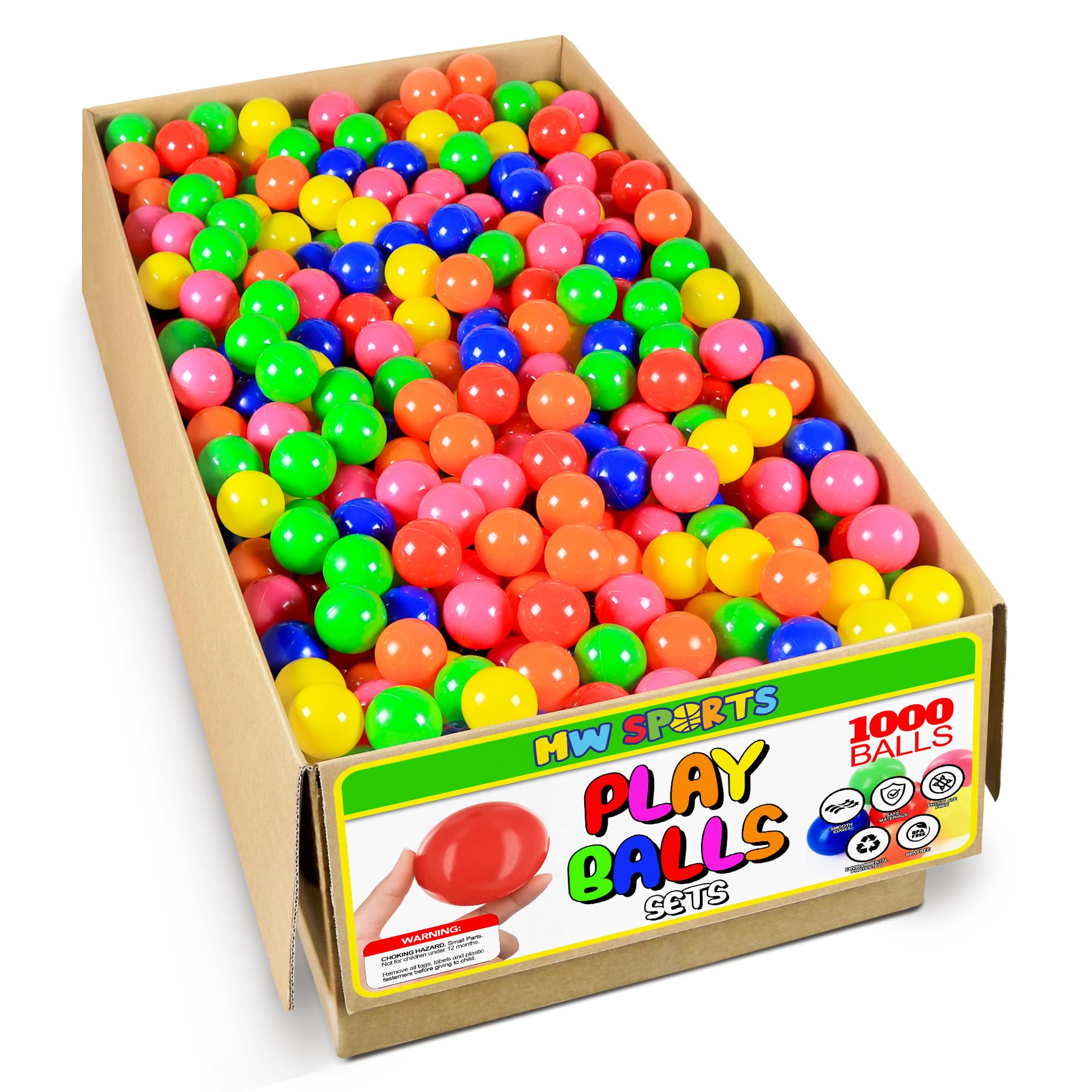 MW SPORTS Play Balls for Ball Pit, Plastic Crush Proof, Phthalate & BPA Free, Assorted Colors. (1000 Balls)