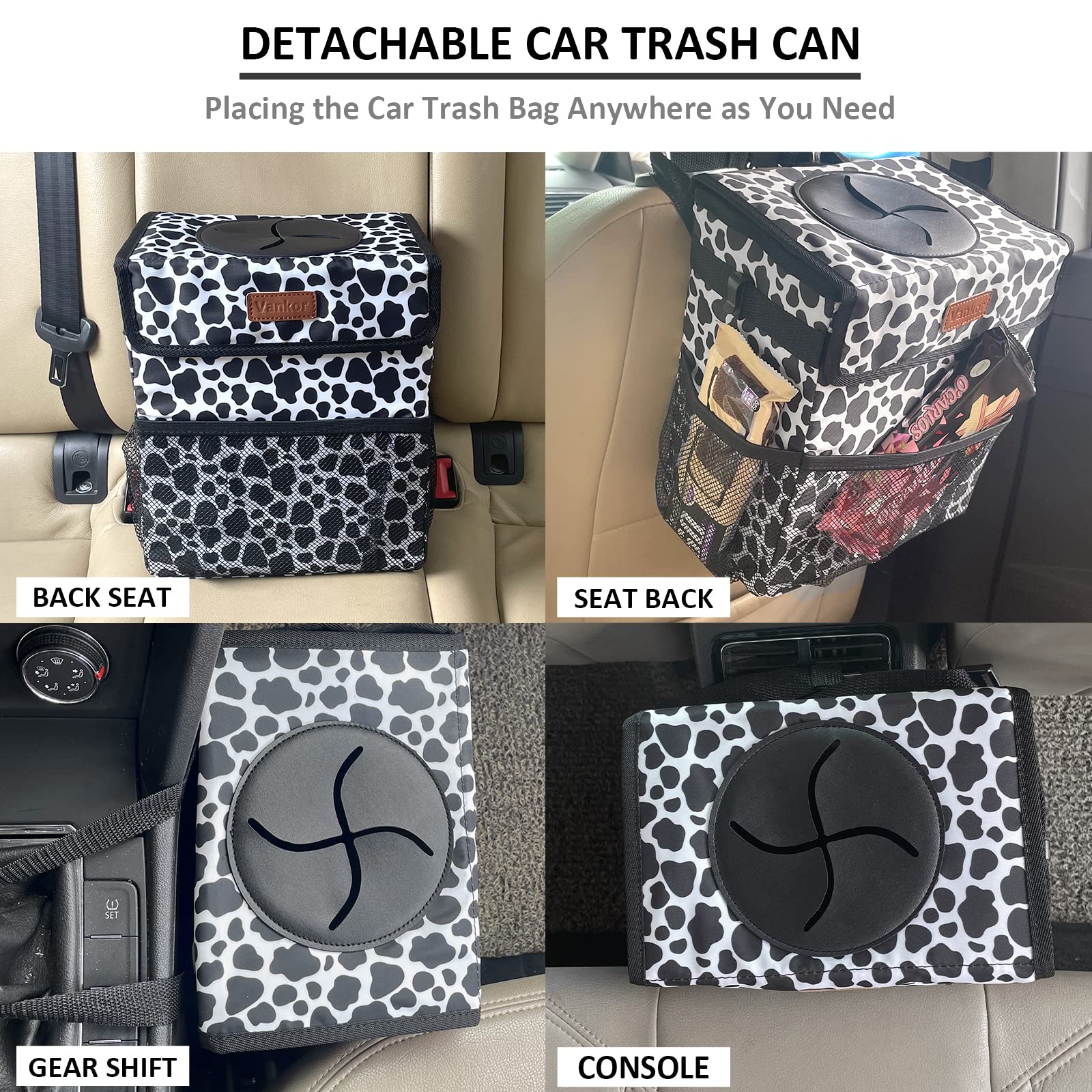 Vankor Car Trash Can for Car Cute,Bag Bin Hanging Waterproof Automotive Garbage Cans Leak Proof Vehicle Trash Can Cow Print