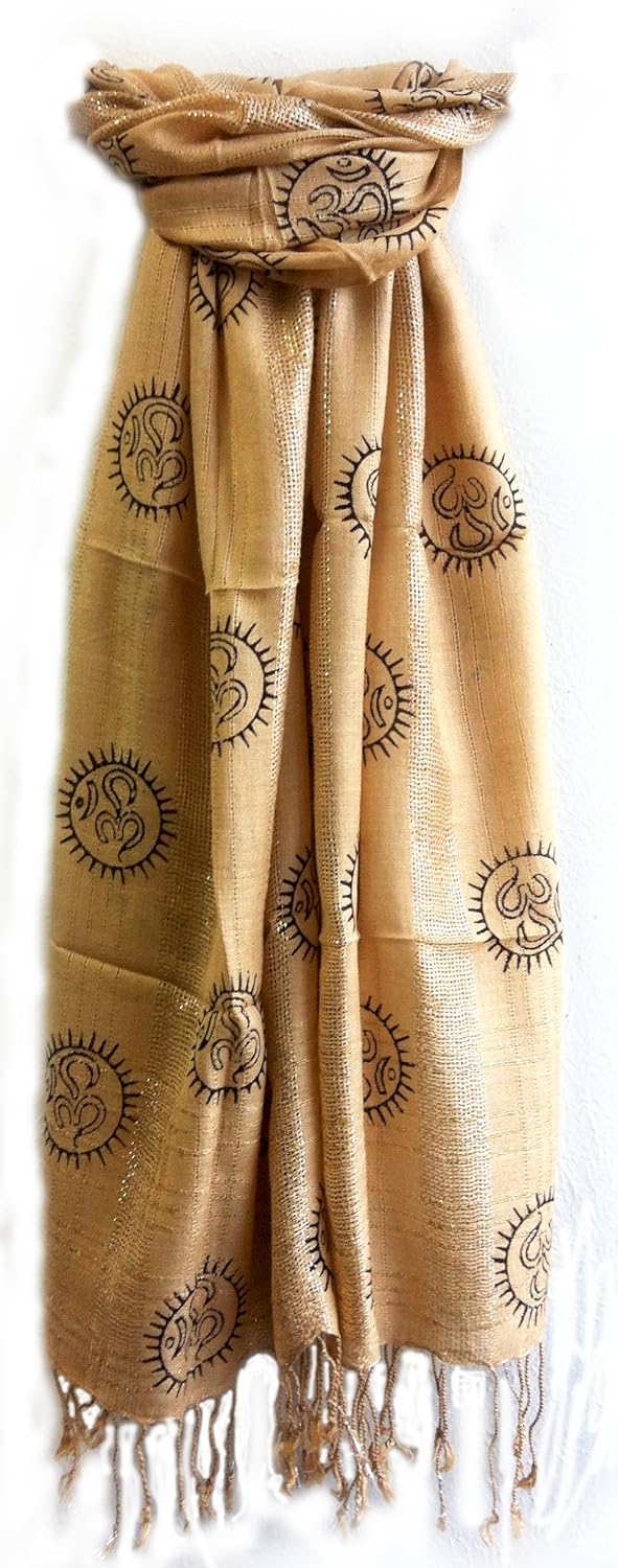 Om Yoga Scarf with Silver Threads (Tan) Health & Personal Care