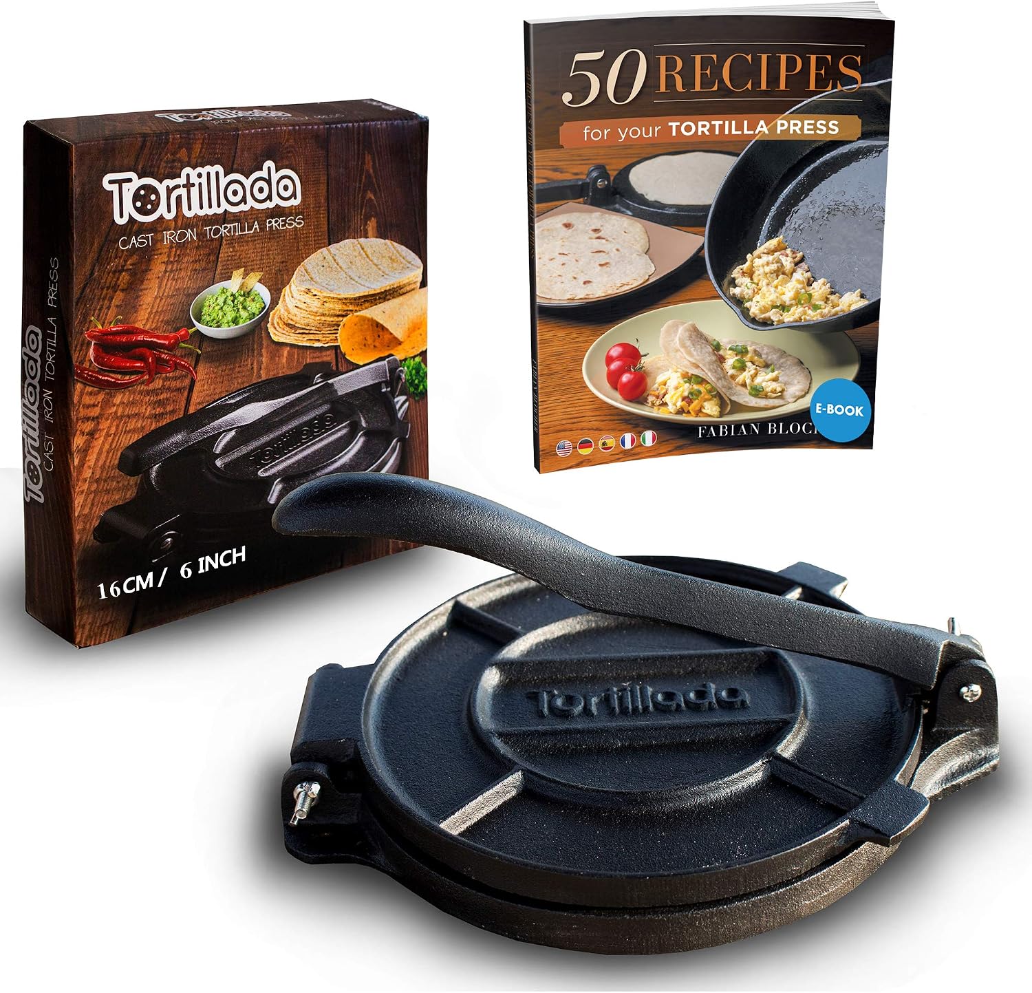 Tortillada - Tortilla Press, Quesadilla/Roti Maker (16 cm) Cast Iron with Recipes E-Book 50 Tortilla Recipes