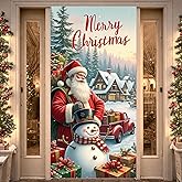 Christmas Door Cover Decorations Santa Claus Christmas Door Banner Merry Christmas Sign Santa Claus Snowman House Scene Door Hanging Wall Banner Photo Booth Prop for Xmas New Year Indoor Outdoor Decor