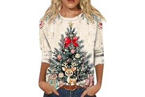 PETYCZEN Christmas Shirts for Women 2025 Cute Xmas Tree Print Crewneck 3/4 Length Sleeve Tops Christmas Holiday Party Sweater