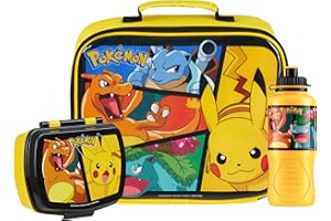 POKÉMON Pokemon Insulated Lunch Bag with Lunch Box Water Bottle Set for Kids 3 Piece School Snack Bag Pikachu Gifts for Kids (Yellow)