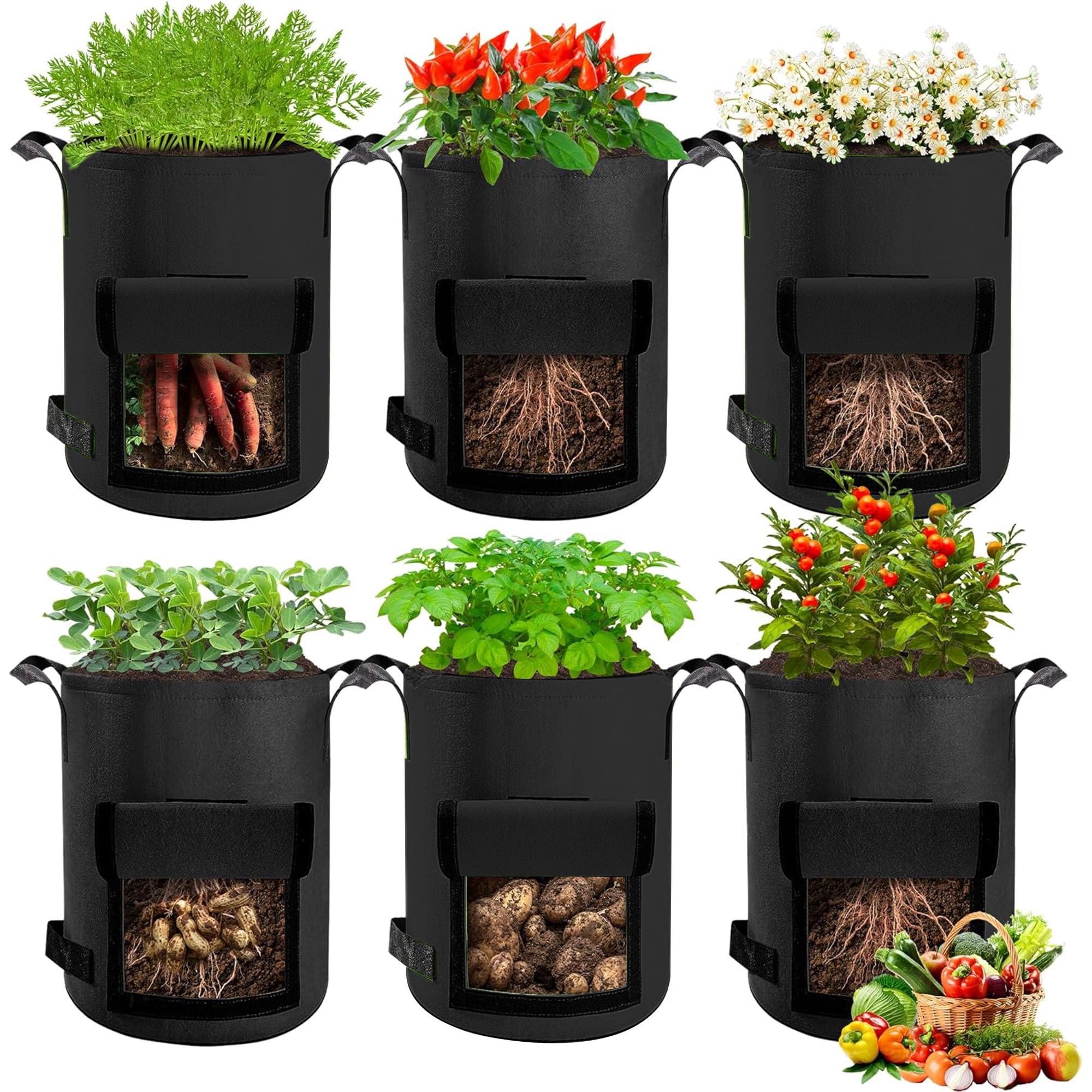 SunStream Potato Grow Bags with windows (10Gal-6Pack) 38L Breathable Fabric Plant Vegetable Growing Bag Planting Tomatoes, potato, Vegetables, Strawberry with Window Flap and Handles