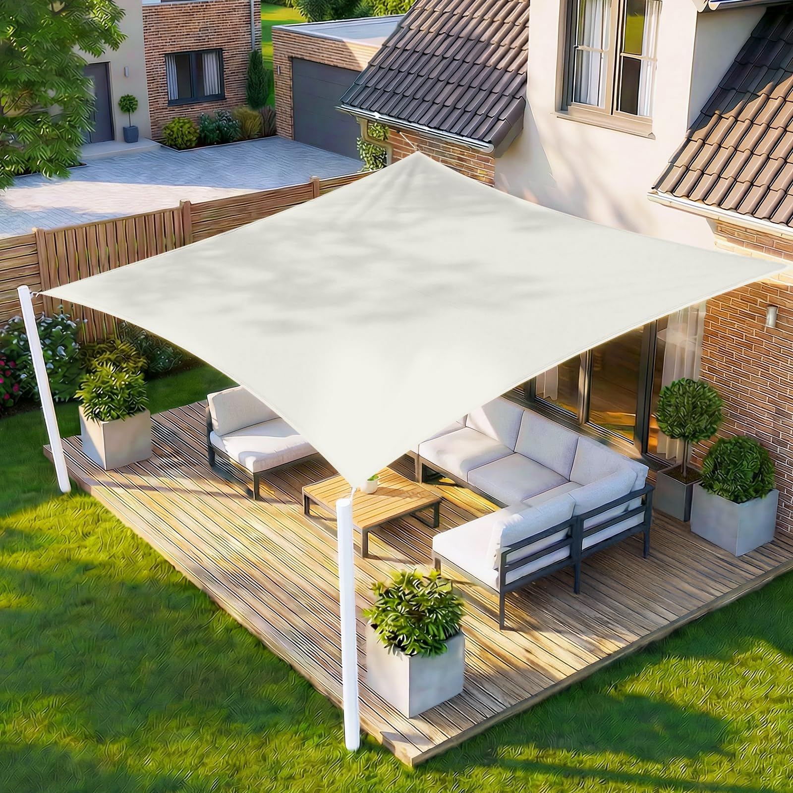 HENG FENG Sun Shade Sail Rectangle 2 x 3m Waterproof PES Polyester Canopy Awning Sunscreen with 95% UV Block for Outdoor Patio Garden Beige