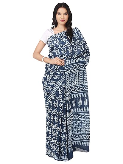Finest Quality Cotton - Handmade Indigo Dabu print - Block Print Saree with Blouse Piece