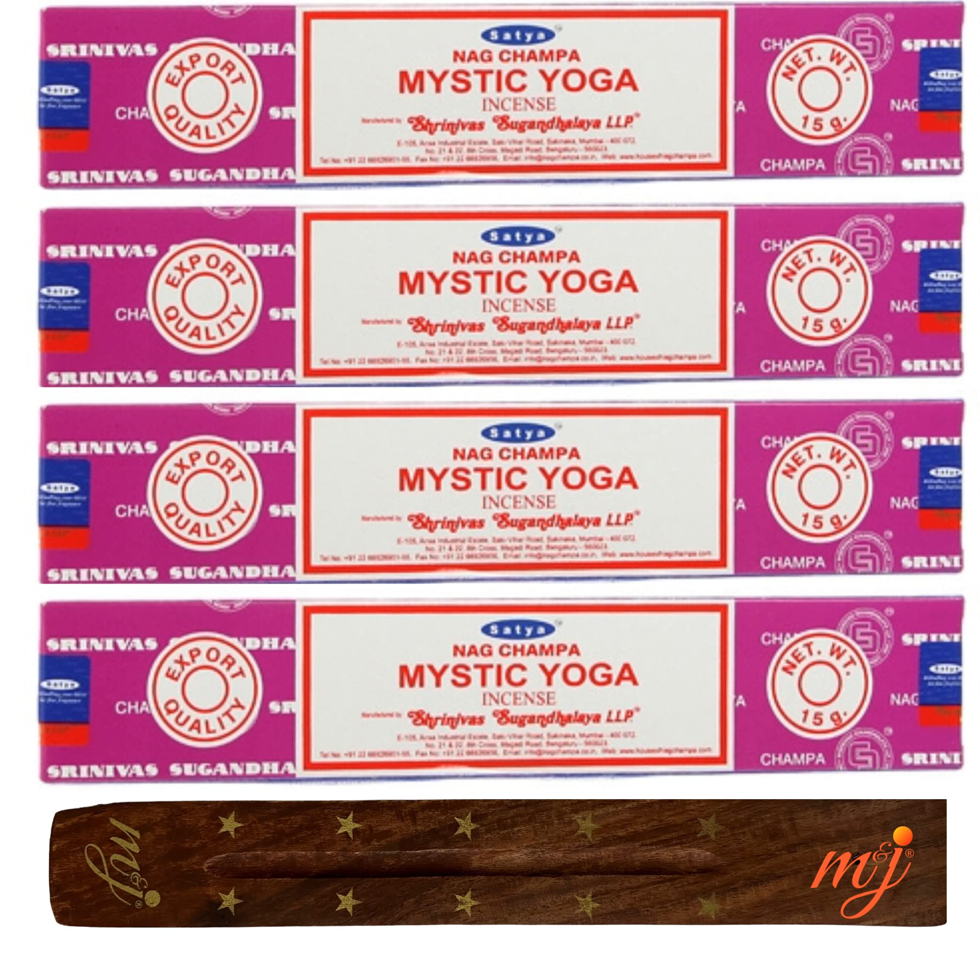 Original Satya Nag Champa Mystic Yoga Incense Sticks | with M&J incense sticks holder | x4 pack | for Aromatherapy, Spa, Yoga, Weddings, Meditation, Healing, Positivity and Relaxation — image 1