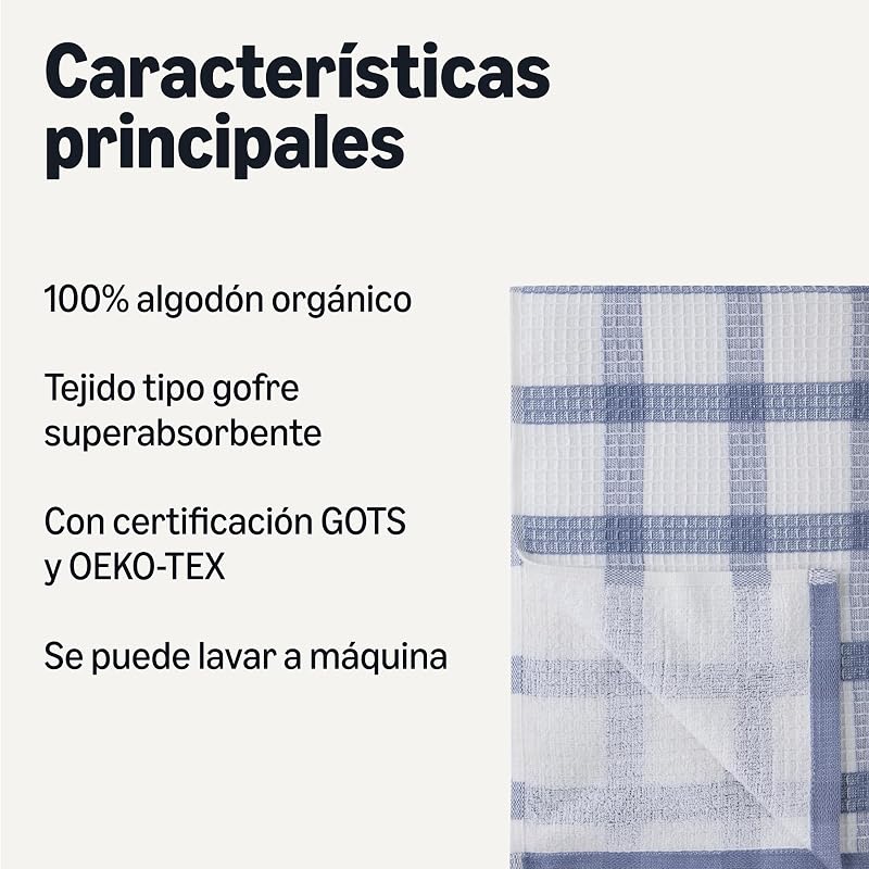 Paños de Cocina de 100% Algodón Orgánico con Textura de Gofre - Ultraabsorbentes, Secado Rápido, Sin Pelusa, 38 x 64 cm, Pack de 6 (Surtido Azul Marino, Blanco) — foto 2 de 5