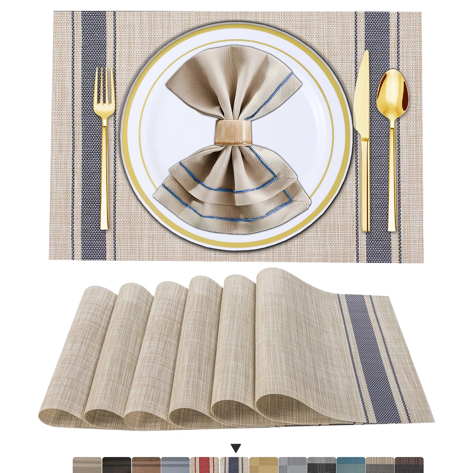 ARTAND Placemats Set of 6, Blue Woven Vinyl Placemats, Washable & Durable Table Mats, Indoor/Outdoor Use Place Mats