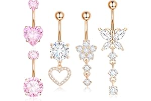 Leocuci Surgical Stainless Steel Dangle Belly Button Rings Piercing for Women Belly Ring Dangling Jewelry with Heart Flower B