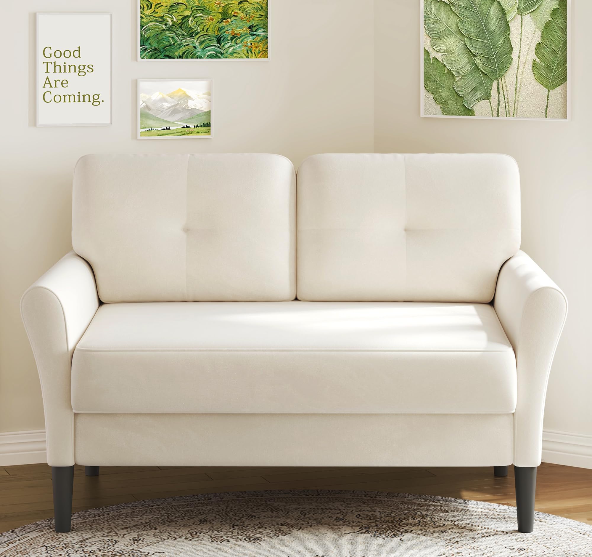 Photo 1 of Small Sofa Couch, 48" Loveseat Sofa, Soft Velvet Love Seat Couches, Small Couch for Bedroom with 21" Deep Seat, Comfy Couches for Living Room, Tool-Free Setup Sofas for Living Room, White
