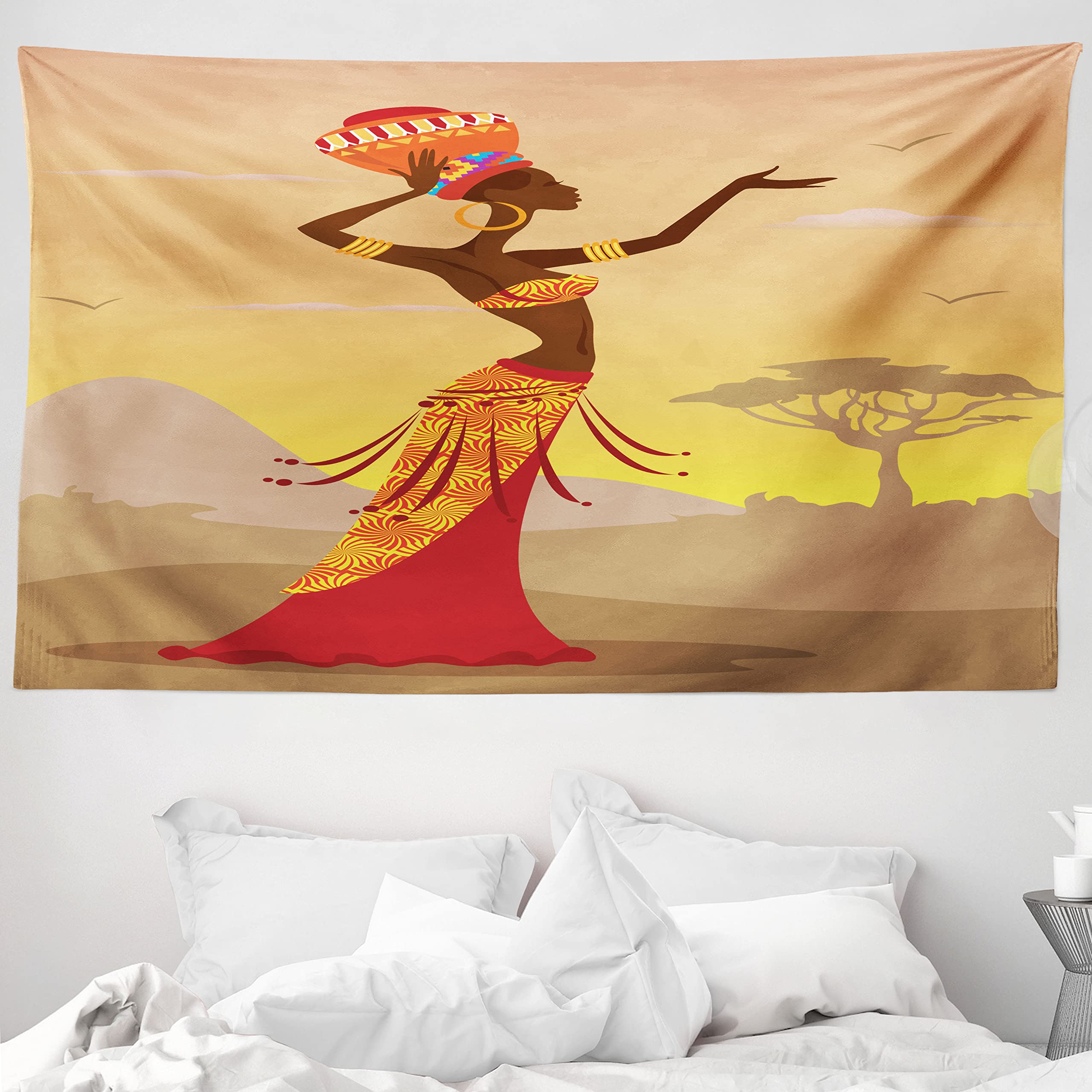 ABAKUHAUS African Tapestry, Creative Woman in Desert Gulls Flying Around Folk Female Print, Fabric Wall Hanging Decor for Bedroom Living Room Dorm, 230 x 140 cm, Bernstein Tan