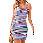 PRETTYGARDEN Womens 2026 Summer Mini Dresses Square Neck Sleeveless Tank Bodycon Striped Boho Sundress Beach Vacation Outfits