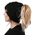 BT-6020a-06 Messy Bun Womens Winter Knit Hat Beanie Tail - Black