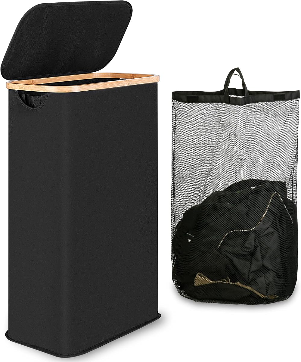 iEGrow 65L Slim Laundry Basket with Lid Bamboo Handles Narrow Tall Design