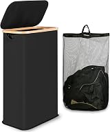 iEGrow 65L Slim Laundry Basket with Lid Bamboo Handles Narrow Tall Design