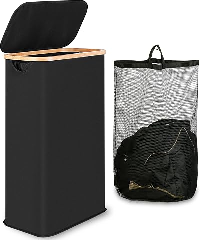 iEGrow 65L Slim Laundry Basket with Lid Bamboo Handles Narrow Tall Design