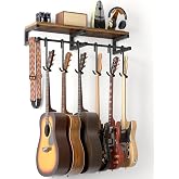 Keebofly Guitar Wall Mount Hangers Holds 6 Guitars with Rustic Shelf - 6-Detachable Guitar Hooks Universal Fit for Acoustic, Electric, Bass Guitars &amp; Ukulele (Brown)