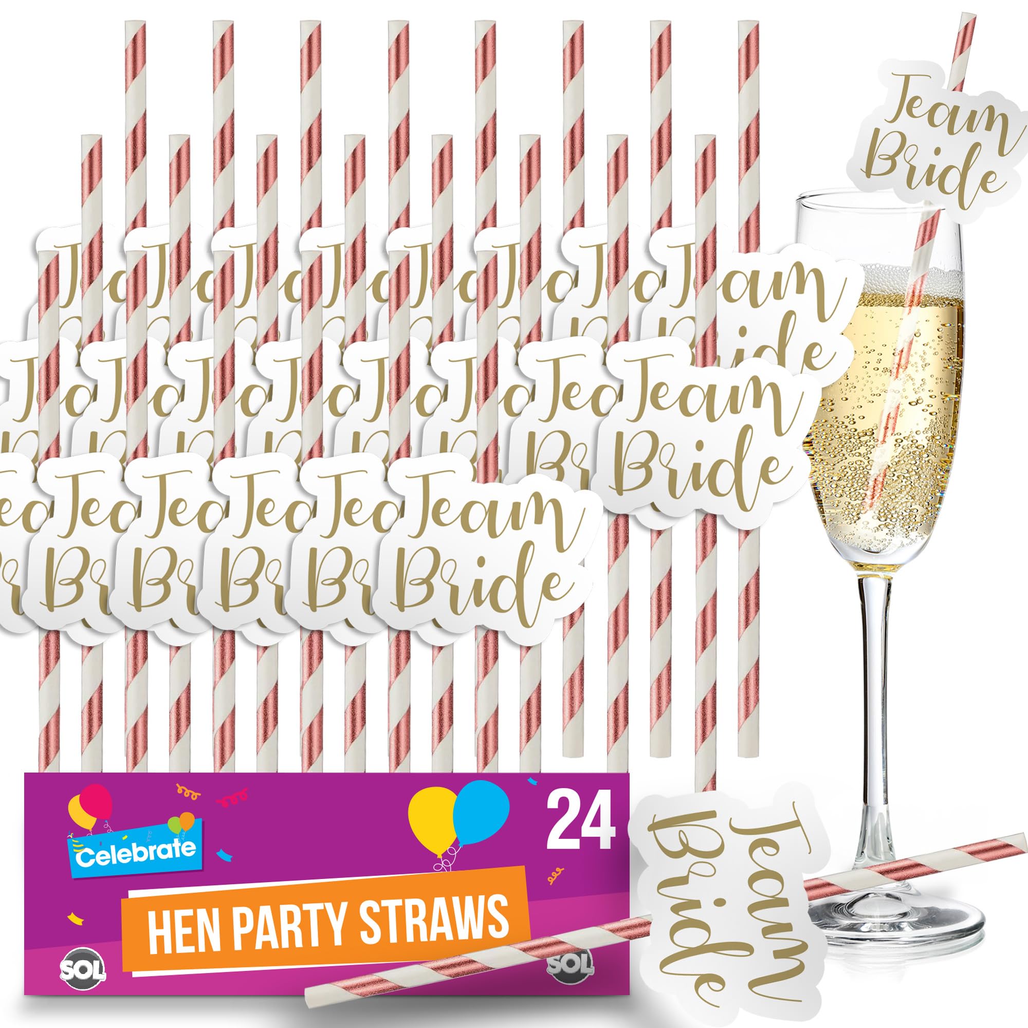 SOL 24pk Hen Party Straws, Rose Gold Team Bride Accessories & Bride-to-Be, Willy Drinking Accessories & Bag Fillers for Bridal Shower Favours, Celebrate Pre-Wedding Events, Sip in Style with Fun