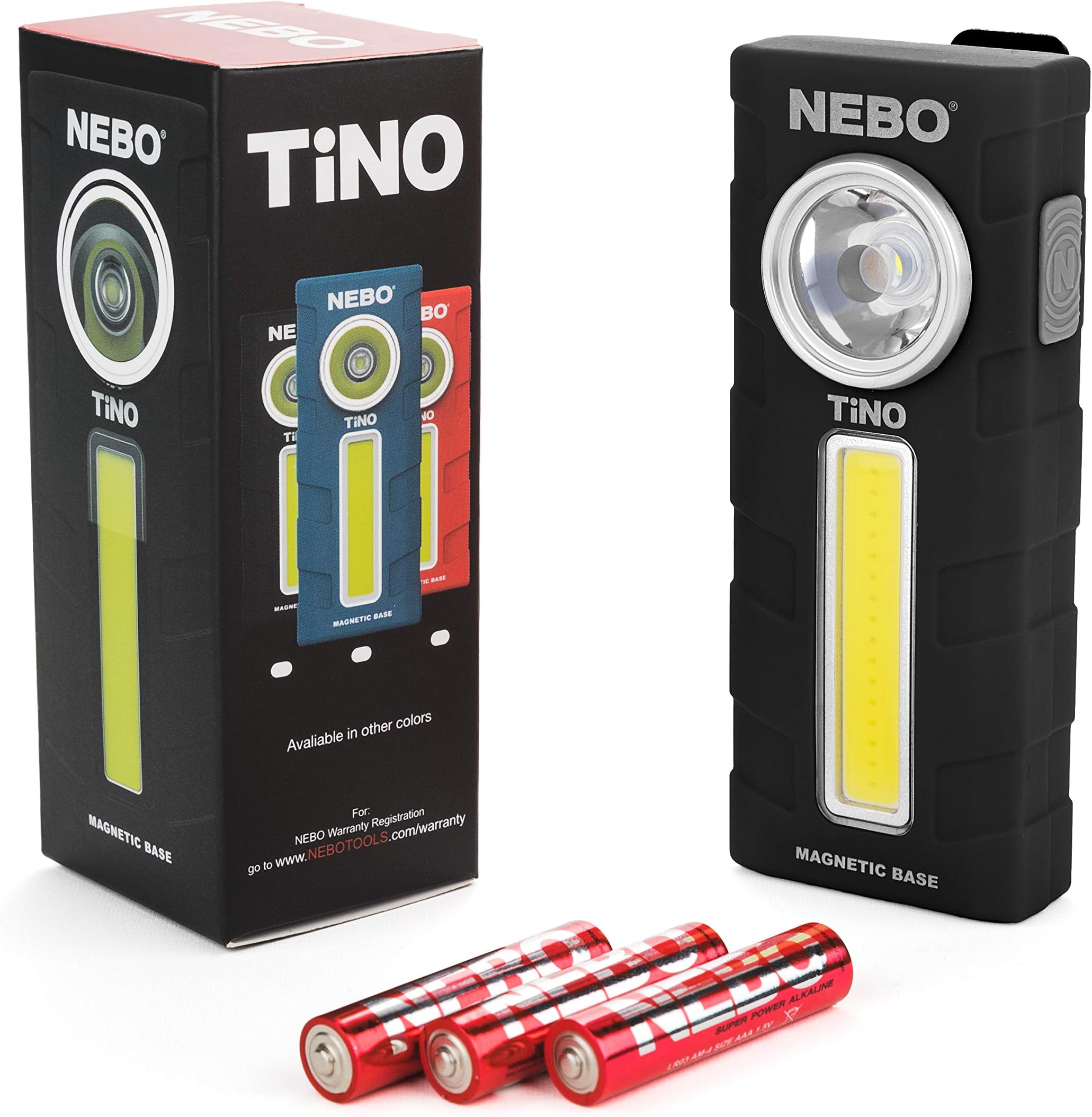 300-Lumen LED Work Light Flashlight: Durable Pocket Sized Magnetic Flashlight Featuring 2 Light Modes, A Pocket Clip, Hanging Hook and Magnetic Base - NEBO TINO 6809 – Assorted Color Option