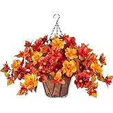 Artificial Fake Fall Hanging Flowers with Basket for Outdoors Decoration 3PCS Faux Fall Flowers for Outdoor Planters UV Resistant No Fade Silk Hibiscus for Home Porch Patio Garden Balcony Yard Decor