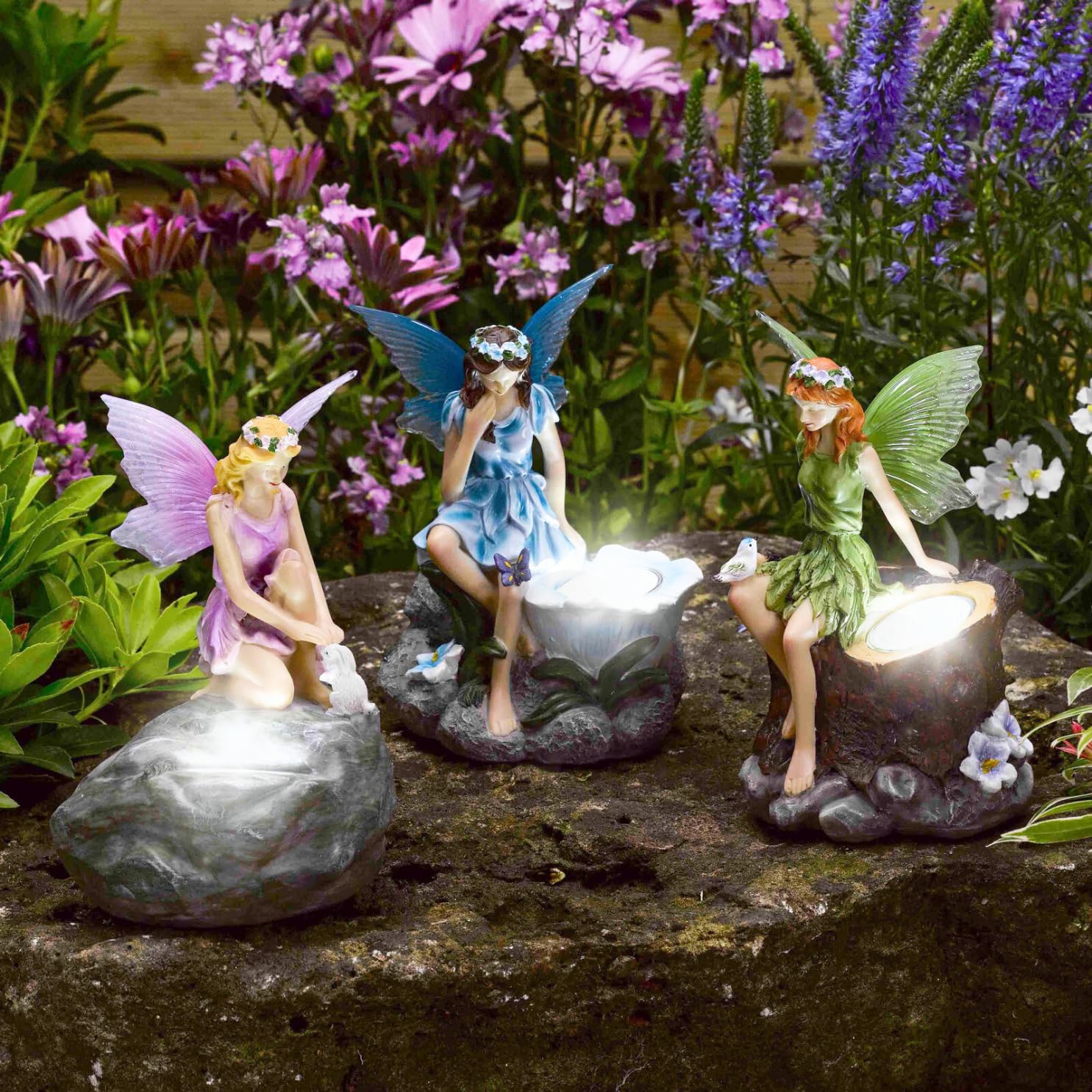 Garden Mile Solar Garden Fairy Ornament Lights Outdoor Set of 3 Fairy Statues with Solar Spotlights Decorative Waterproof White LED for Garden Pathway Lawn Patio