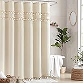TURKIO Linen Shower Curtain Boho Beige Shower Curtains for Bathroom 72 x 72 Inch Cloth Shower Curtain with Luxury Tassels Neutral Farmhouse Bath Decor Medieval Vintage Bath Curtains