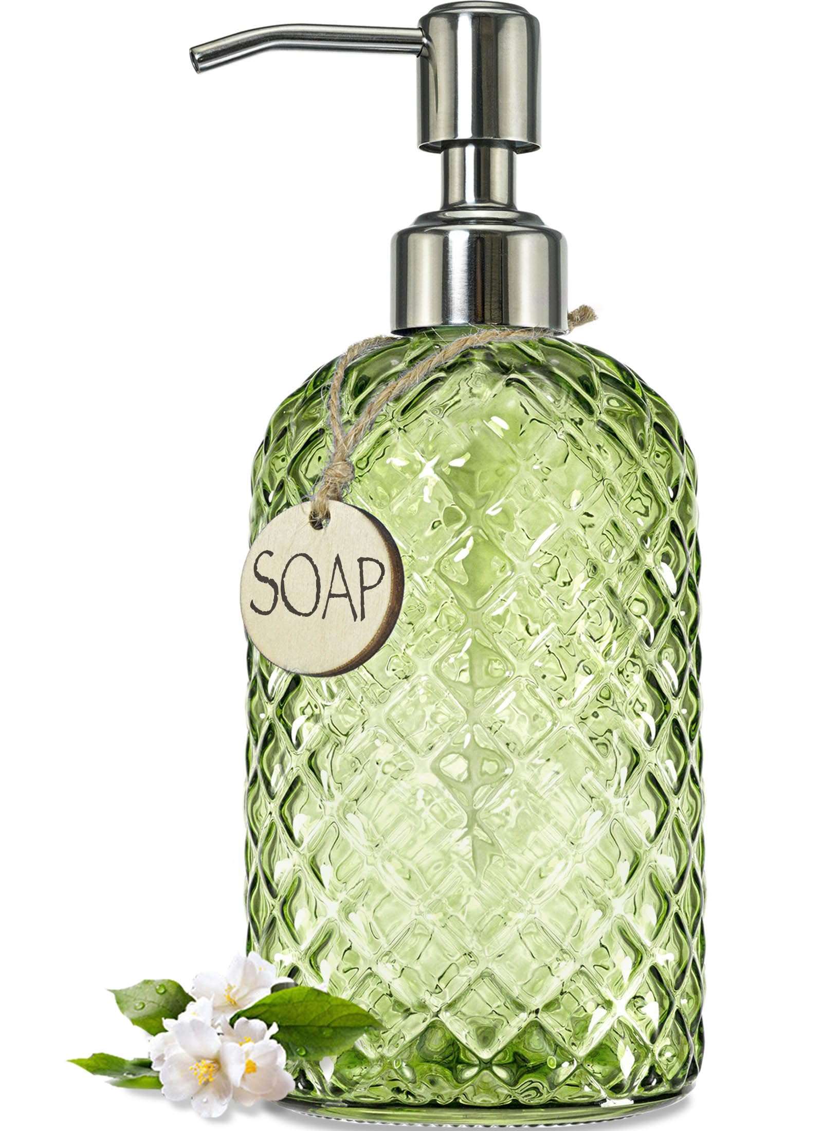 JASAI 18Oz Tea Green Soap Dispenser with Rust Proof Pump, Refillable Glass Soap Dispenser for Bathroom & Kitchen to Dispense Dish Soap, Hand soap, Lotion.