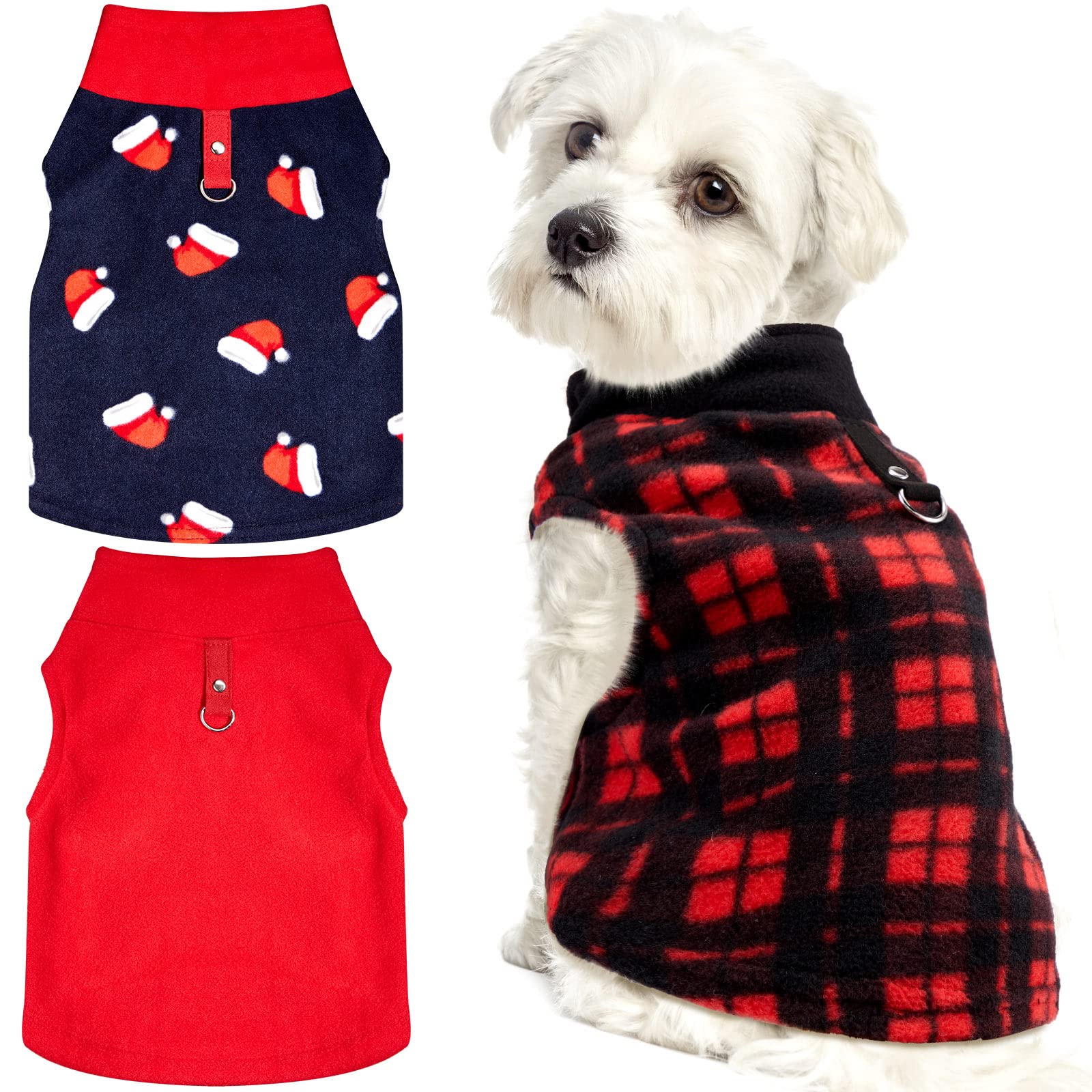 View 1 of 3 Pieces Christmas Small Dog Sweater Pet Clothes with Leash Ring Soft Fleece Pullover Puppy Warm Sweaters Santa Hat Pattern Vest Xmas Red Plaid Winter Clothes for Cats (Large)