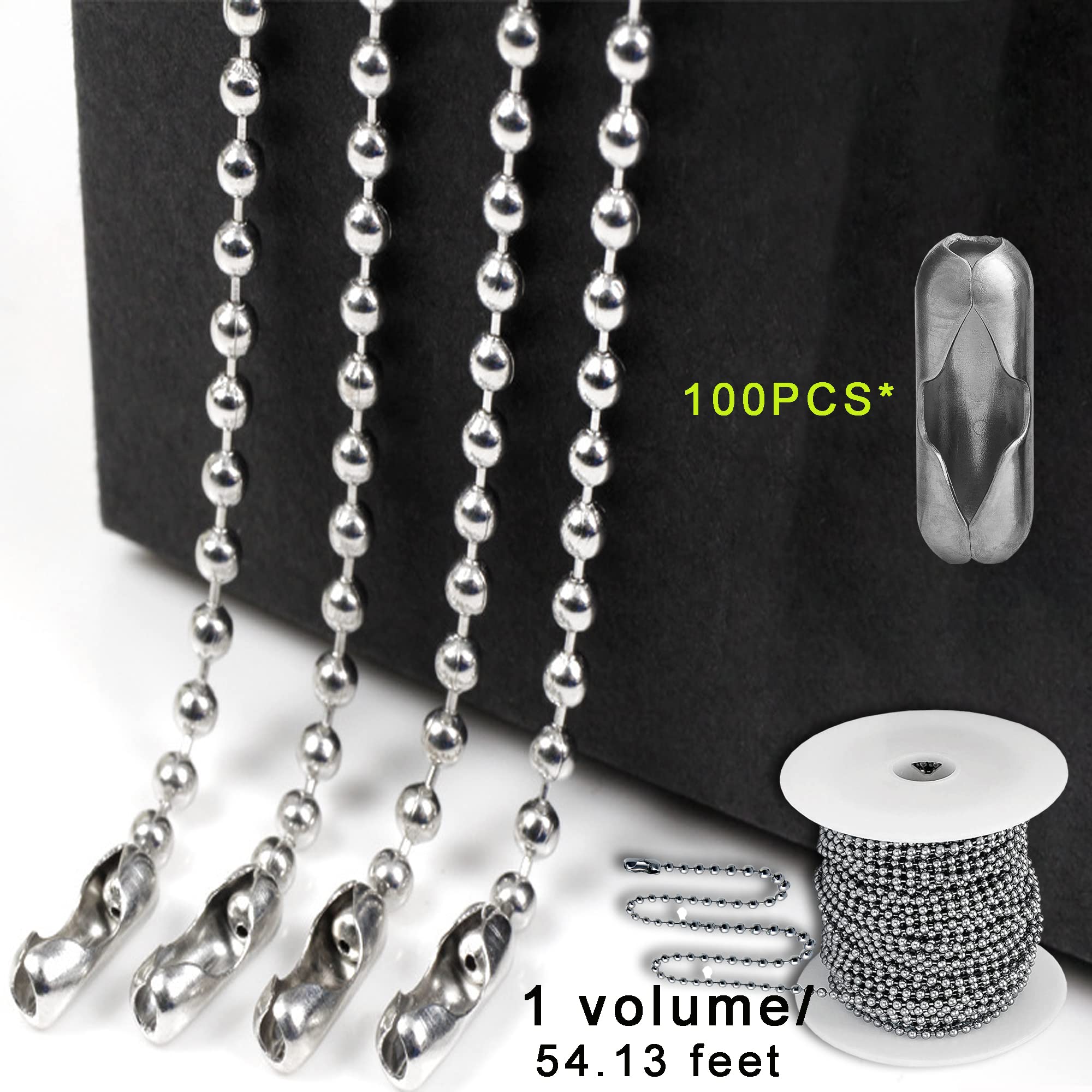 YZDTECH Ball Bead Chain, 55ft Stainless Steel Chain Ball Chain Necklace Bulk with 100 Pieces Matching Connectors Clasps for Jewelry Making, Necklace Hanging, Dog Tag, DIY Crafts