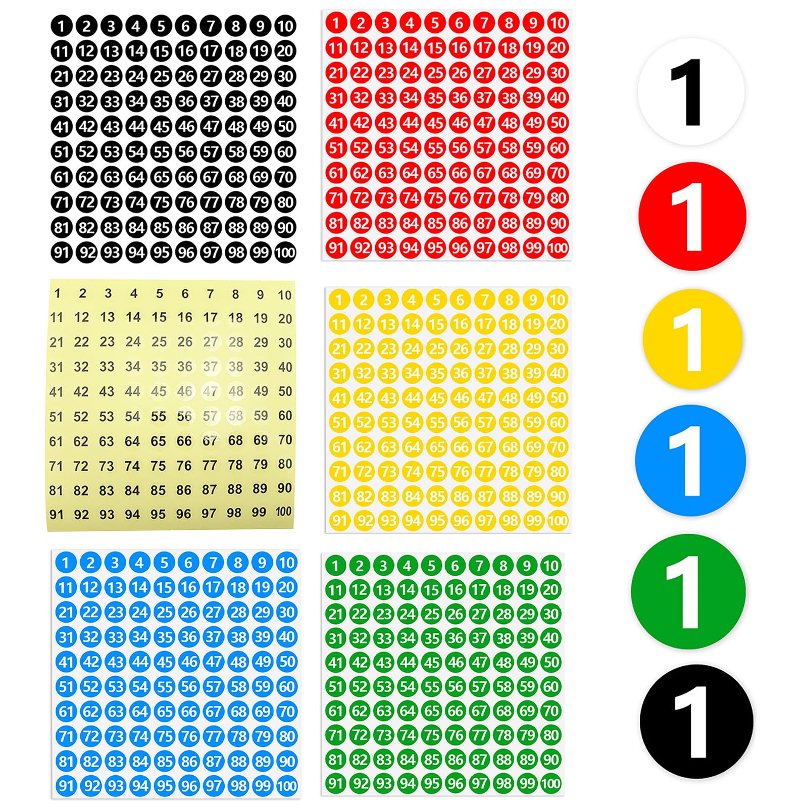 PLATEYTR number stickers, 60 sheets of 1-100 number stickers labels - 10 mm, multi colourssmall numbers stickers