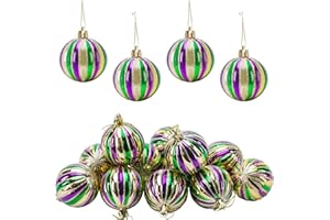 Watayo 12 PCS Mardi Gras Ball Ornaments- 2 Inch Mardi Gras Shatterproof Hanging Ornaments for Mardi Gras Holiday Christmas Ornaments New Orleans Party (Vertical Striped)