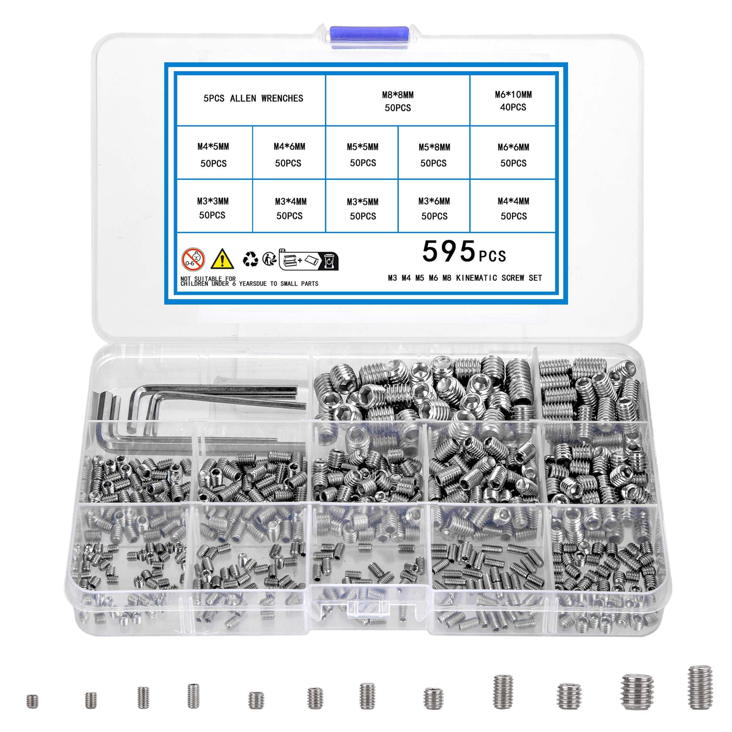KOXXIAMOQ 595 Pcs Grub Screws Assorted, M3 M4 M5 M6 M8 Stainless Steel Metric Cup Point Grub Screws for Door Handles, Hex Head Socket Set Screw Mixed(595)