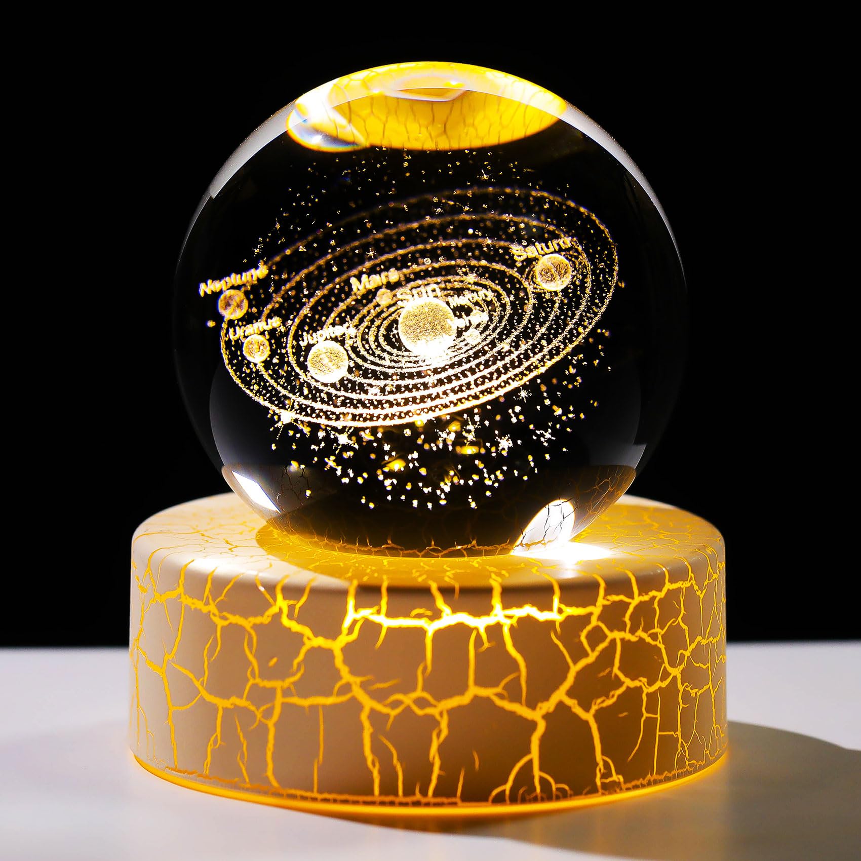2.36in. 3D Solar System Crystal Ball with Warm Light Base, 6 cm Glass Globe Engraved Planet Space Model Universe Astronomy Gifts for Men