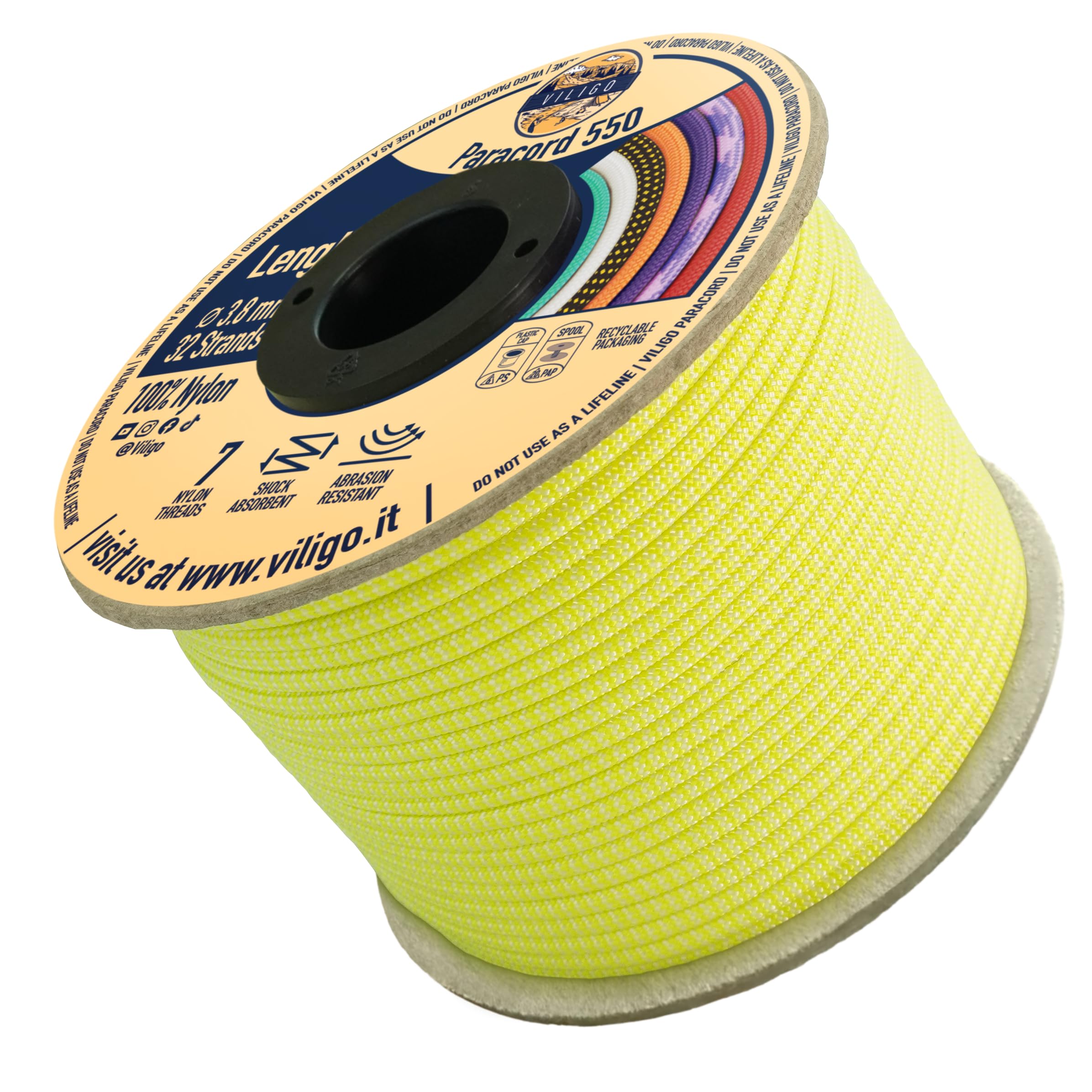 VILIGO Paracord 550 - Type III (3.8 mm) - Nylon Braid, 7 Inner Strands, Ideal for Camping, DIY Projects, Bracelet Making and Accessories (50 m, Shock)