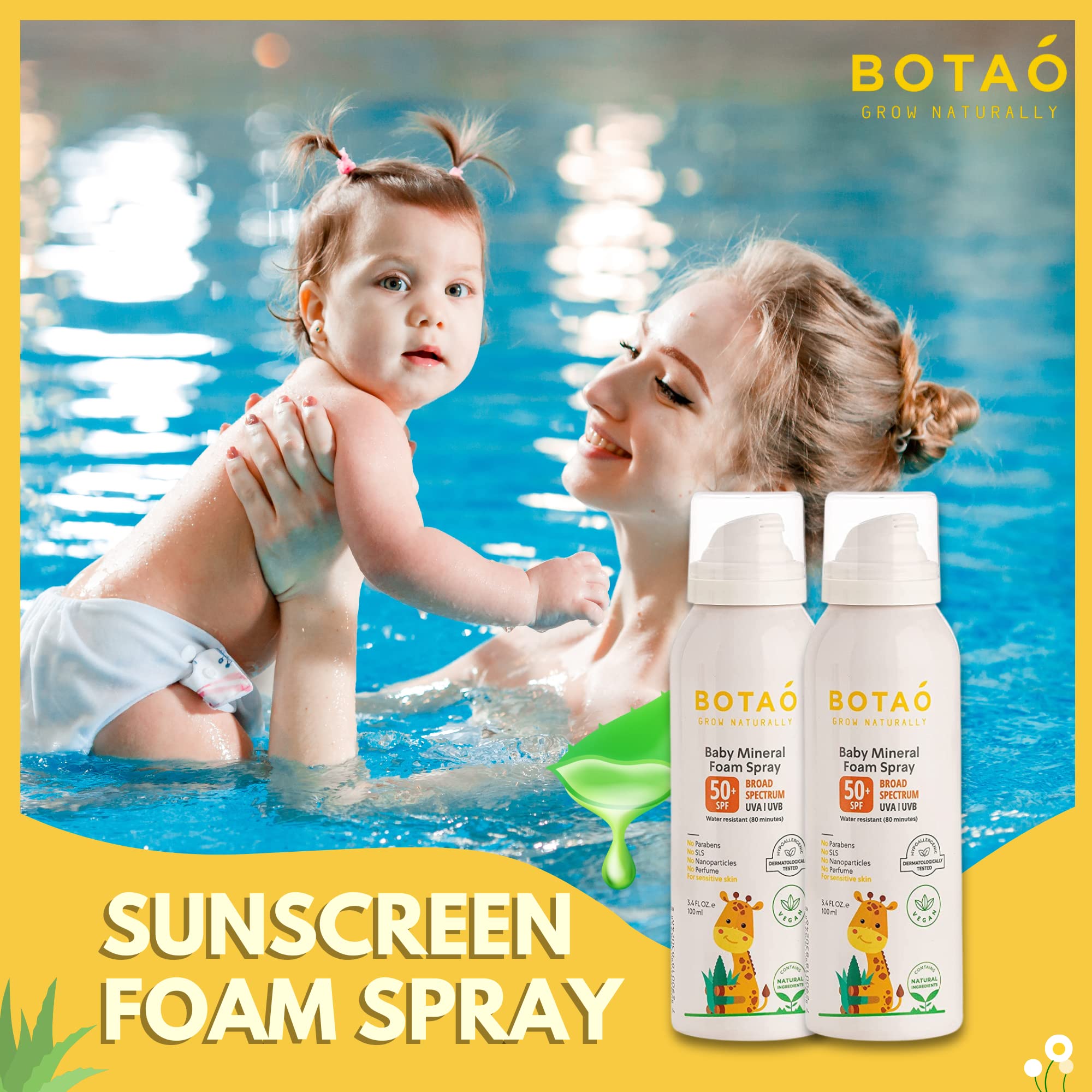 BOTAO Baby’s Mineral Sunscreen Foam Spray: SPF50 Broad Spectrum UVA UVB, Babies or Toddlers Sunburn Protection, Zinc Oxide, 3.4 Oz (2-Pack)