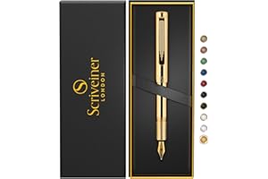 Scriveiner Gold Luxury Fountain Pen (Medium) - Award Winning - Heavy Pocket Stunning Luxury Pen, Real Gold Plating, German Nib & Converter, Nice Gift Pens for Men & Women