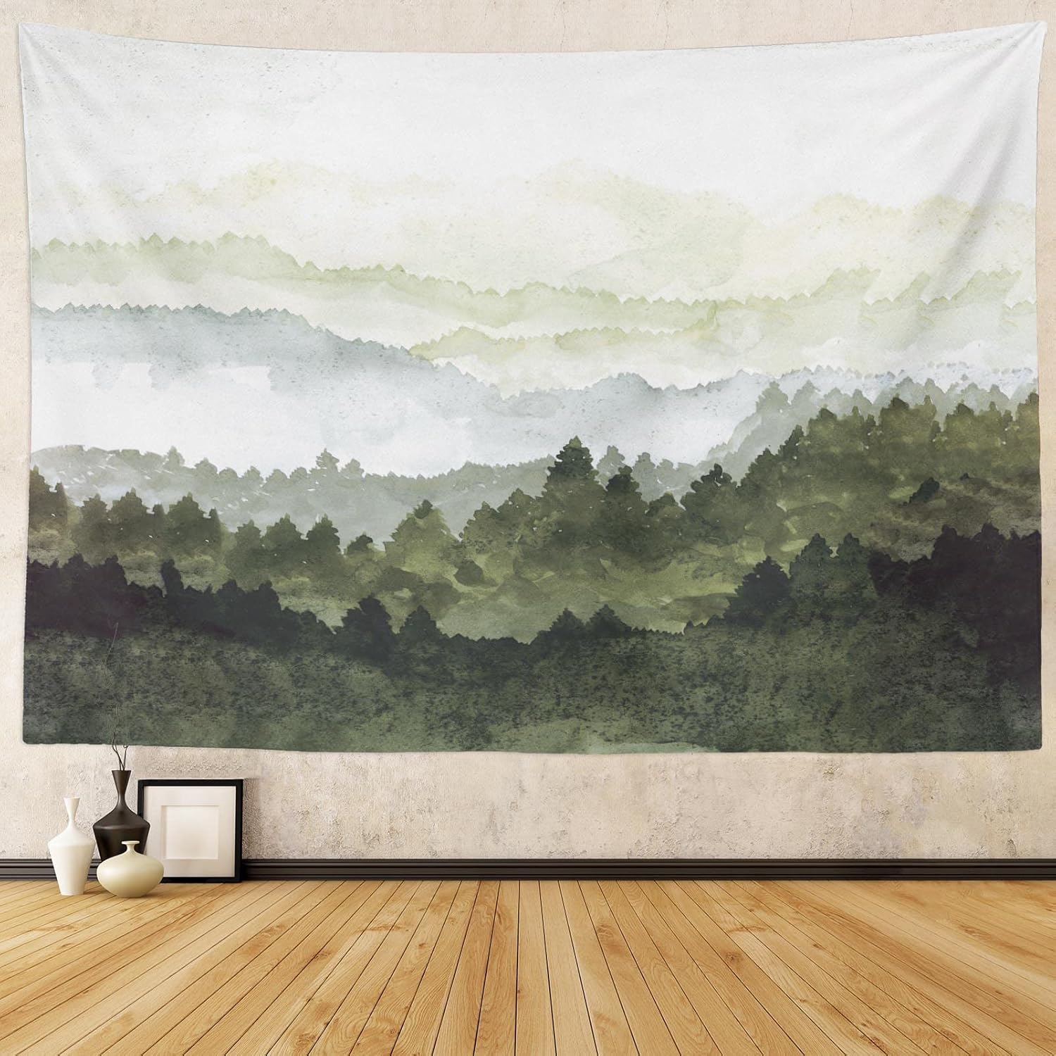 Tapestries - Misty Mountain Tapestry Wall Hanging Foggy Forest Tree Nature Landscape Tapestries Green Watercolor Mountains Scenery Wall Home Decor for Bedroom Living Room Dorm,59.1x82.7 Inches,Green