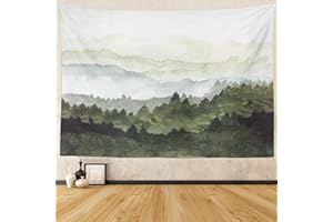 QAHING Misty Mountain Tapestry Wall Hanging Foggy Forest Tree Nature Landscape Tapestries Green Watercolor Mountains Scenery Wall Home Decor for Bedroom Living Room Dorm,59.1x82.7 Inches,Green