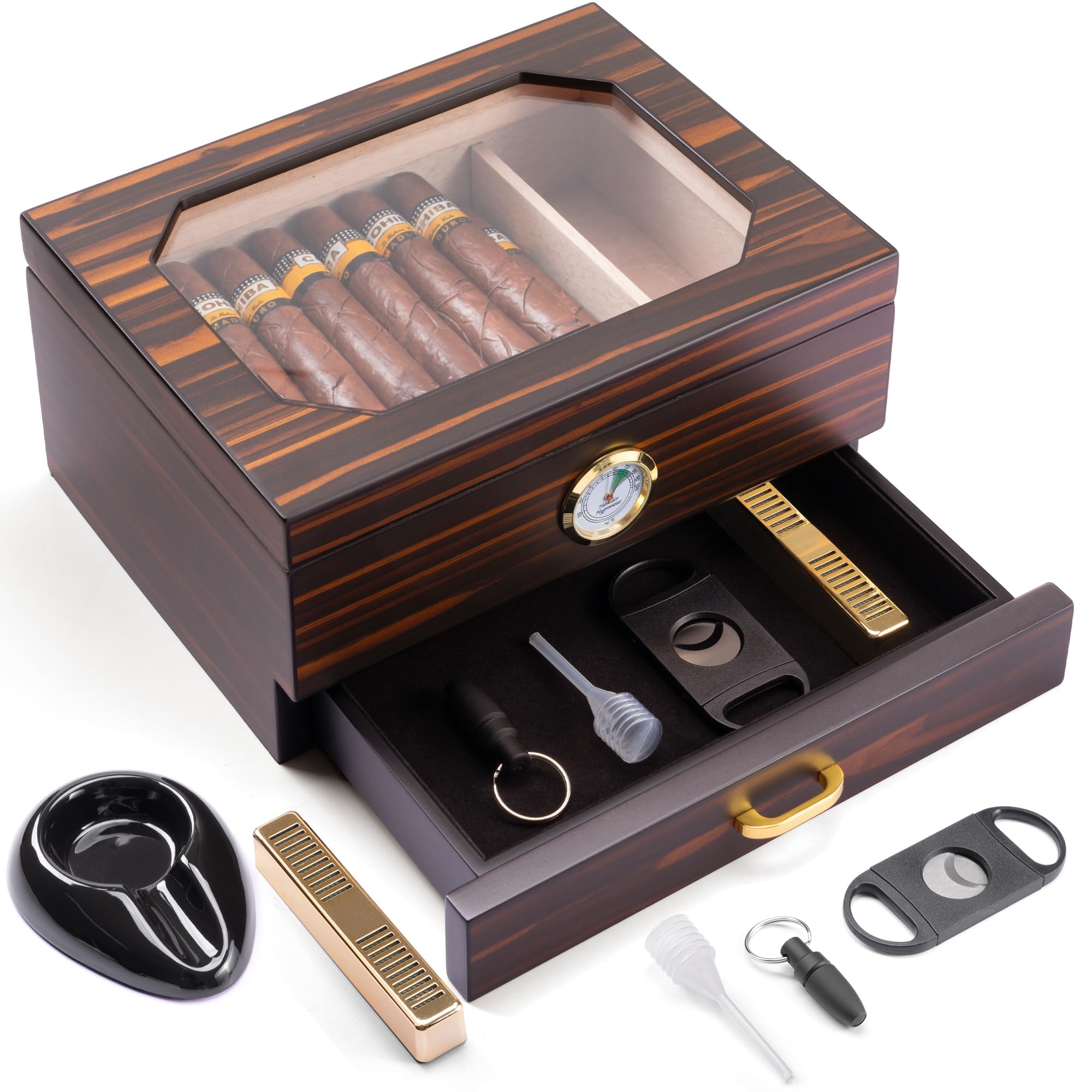 Photo 1 of CINOROW Cigar Humidor for 25-50 Counts with Accessory Drawer, Hygrometer, Spanish Cedar Lined & Divider, Humidifier, Ashtray, Cigar Cutter and Punch, Desktop Case Gift for Men