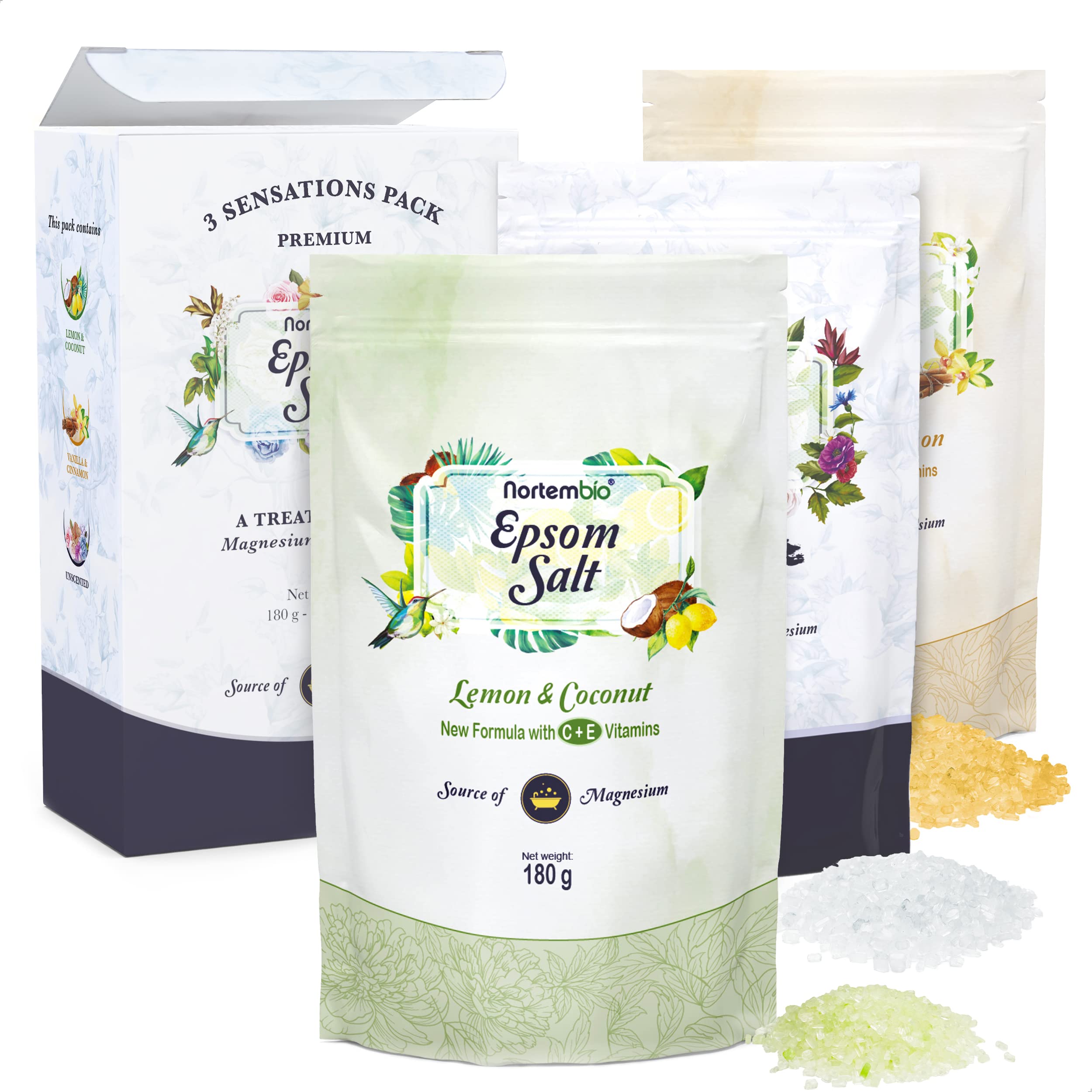 Nortembio Epsom Salt Gift Pack Lemon, Vanilla Fragrances + Pure 3 x 180g | Natural Magnesium with Vitamins C & E | Relaxing Baths, Spa, Hydration + Free E-Book