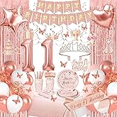 Rose Gold 11th Birthday Decorations, Happy 11th Birthday Decorations for Girls, Birthday Party Packs with Rose Gold Banner, Number 11 Balloons, Sash, Crown, Tablecloth, Dinnerware for 10 Guests