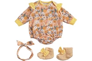 BABESIDE 3 Pcs Reborn Baby Doll Clothes for 17-22 Inch Babydolls, Floral Pattern Doll Clothes Onesies with Shoes and Headband for Lifelike Reborn Baby Dolls Accessories, Yellow