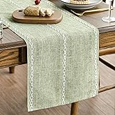 Artoid Mode Sage Green Rustic Cotton Linen Table Runner, Seasonal Embroidered Hollow Kitchen Dining Table Decoration for Home Party Decor 13x72 Inch