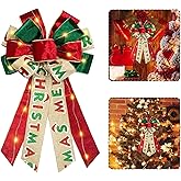Hying Large LED Christmas Bows for Wreath, Merry Christmas Wreath Bow Red Green Velvet Bows with LED Lights Xmas Farmhouse Tree Topper Bows for Front Door New Year Christmas Decoration Supplies