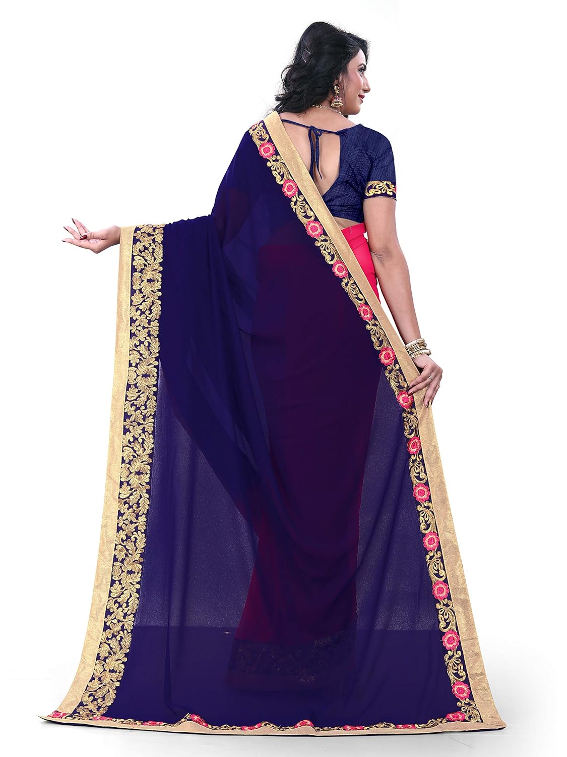 kuki women's georgette saree (black & pink)