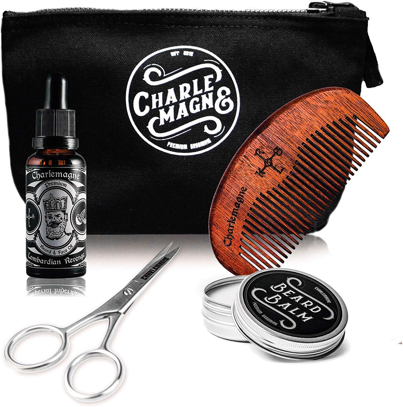 Charlemagne Beardcare Set 'Pro' for Beard Care - Save 25% ! - Beard Oil, Beard Comb, Beard Scissor, Beard Balm, Bag - Ideal Gift for Men