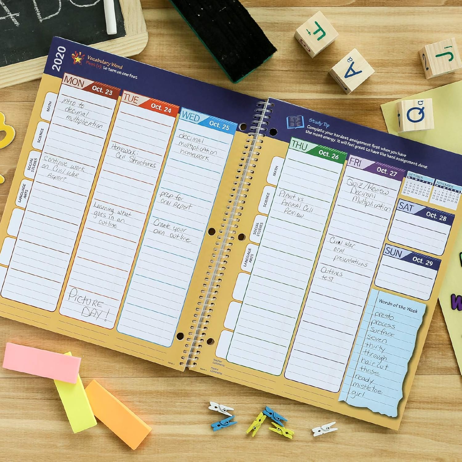 Dated Elementary Student Planner for Academic Year 2020-2021 (Matrix Style - 8.5"x11" - Reach for The Starts Cover) - Ruler/Bookmark and Planning Stickers : Office Products