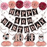 Turypaty 40th Birthday Decorations Kit for Women, Rose Gold Happy 40 Birthday Banners Honeycomb Centerpieces Hanging Swirls Party Supplies, Forty Years Old Bady Table Topper Decors