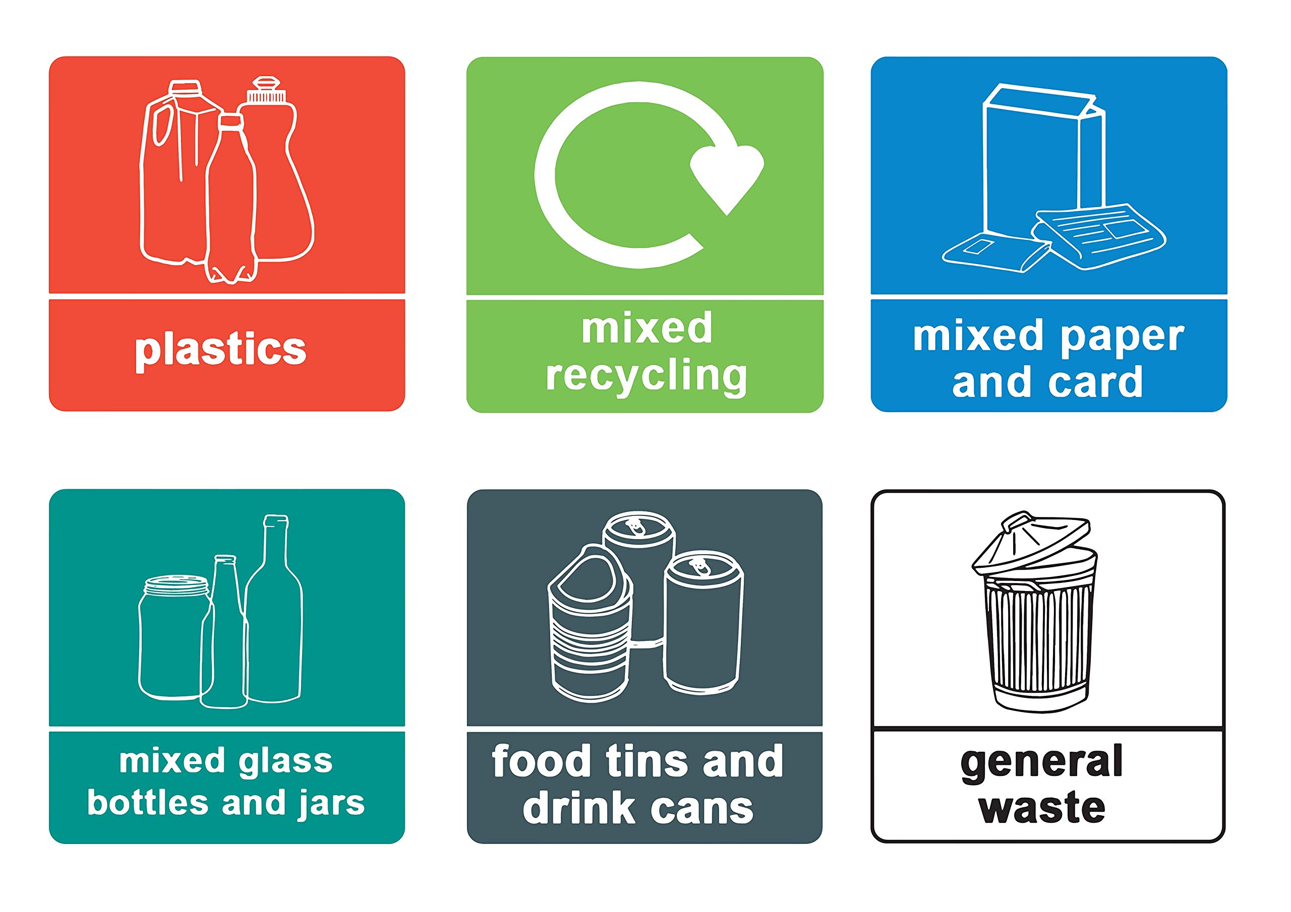1 x Recycling Set of 6 - Info Sign Label Removable Self Adhesive Waterproof Durable Vinyl Label Stickers 150mm x 150mm